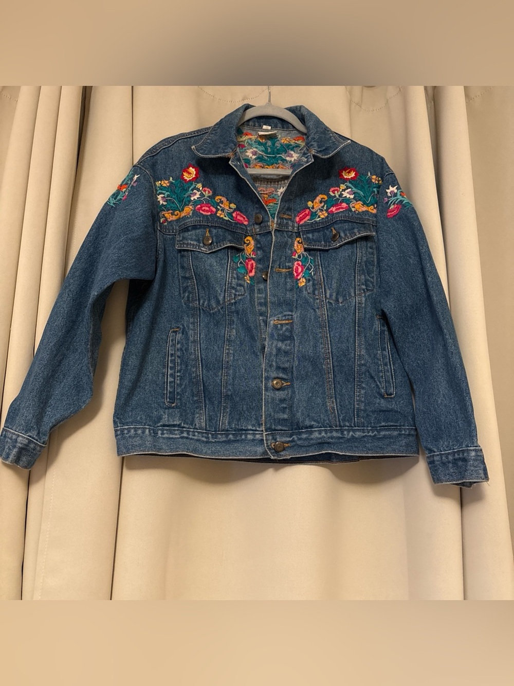 Las Manos Vintage Embroidered Floral Denim Jacket - Blue M